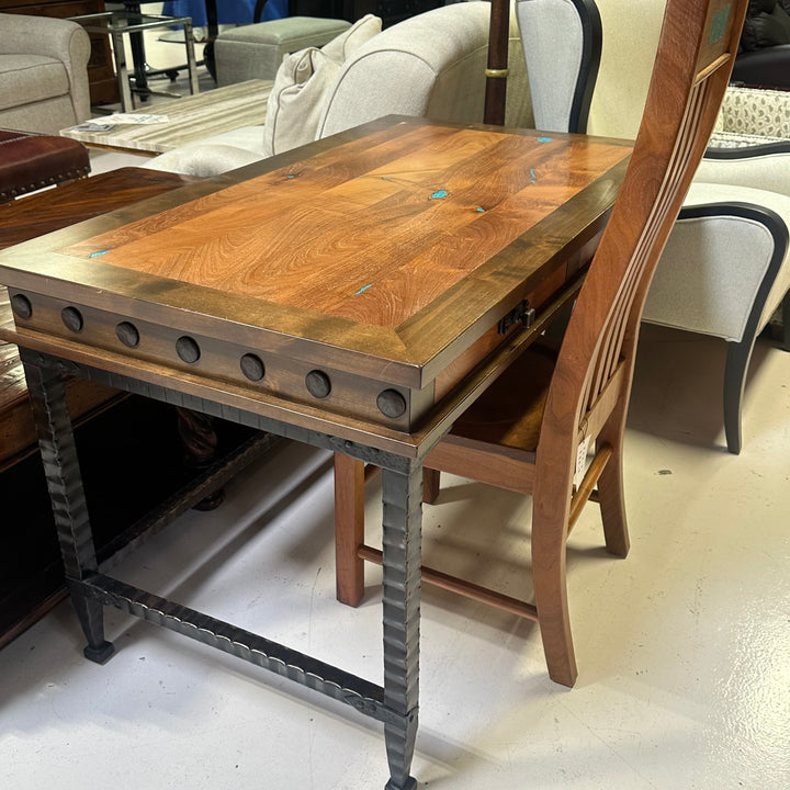 Mesquite wrought iron desk w/ turquoise inlay includes matching chair