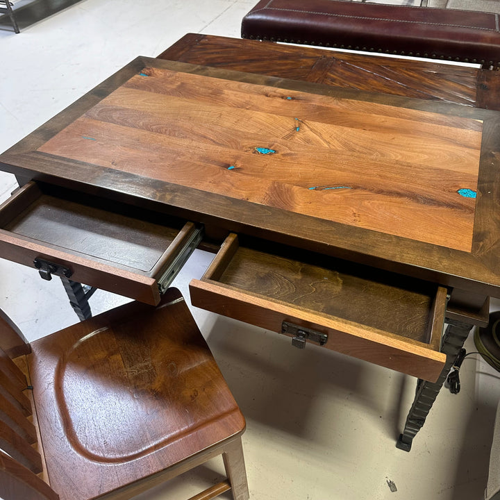 Mesquite wrought iron desk w/ turquoise inlay includes matching chair