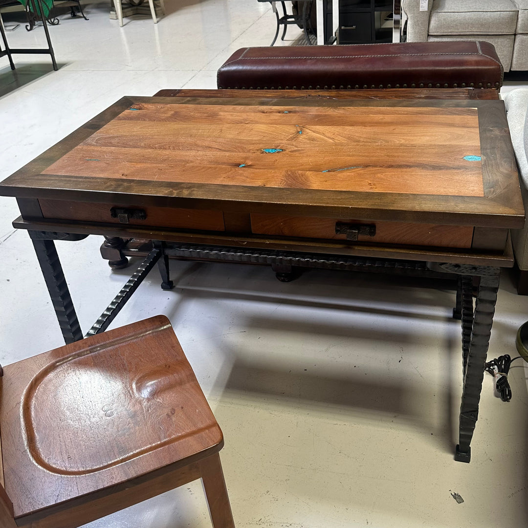 Mesquite wrought iron desk w/ turquoise inlay includes matching chair