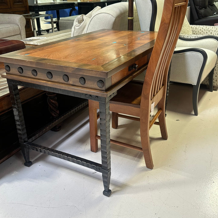 Mesquite wrought iron desk w/ turquoise inlay includes matching chair