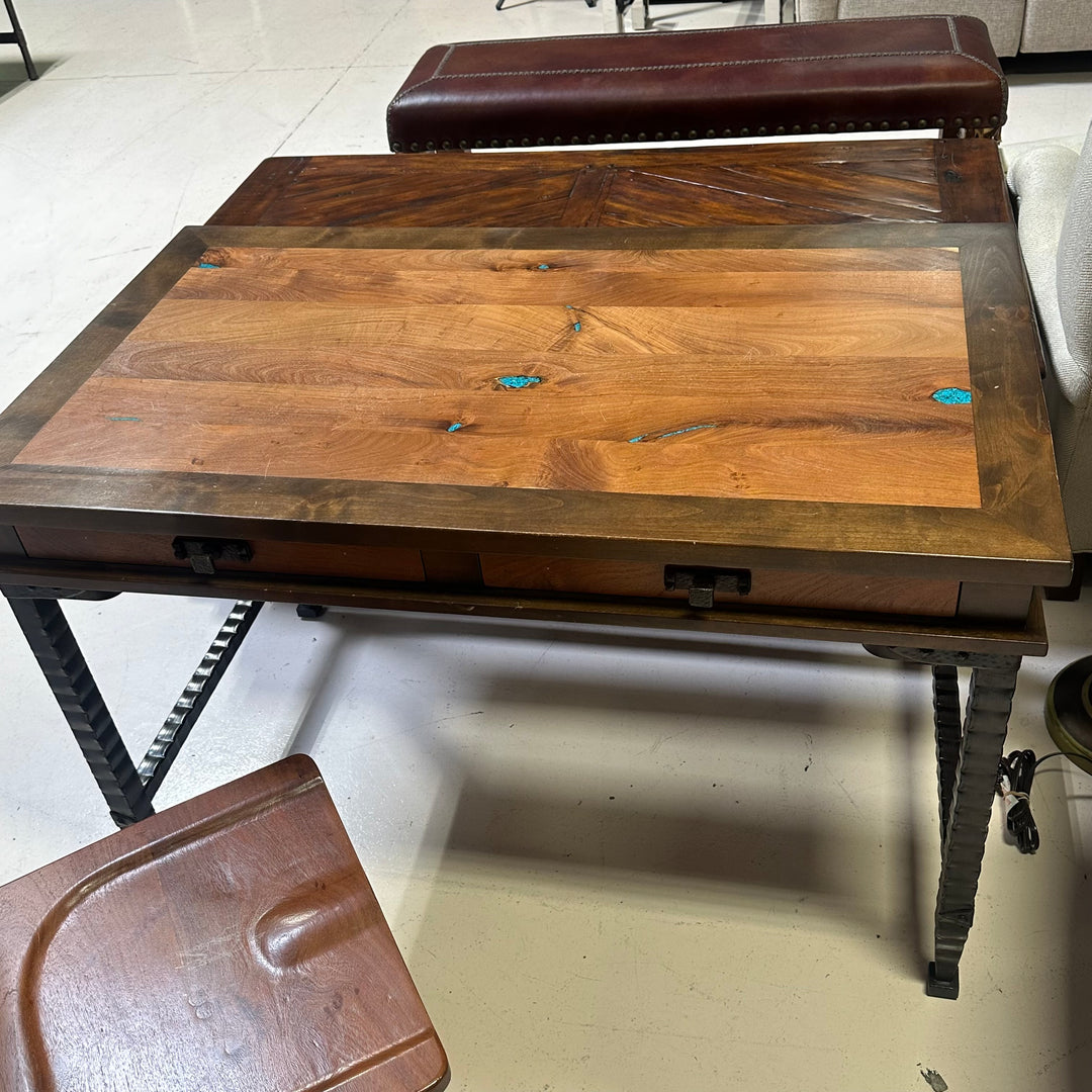 Mesquite wrought iron desk w/ turquoise inlay includes matching chair