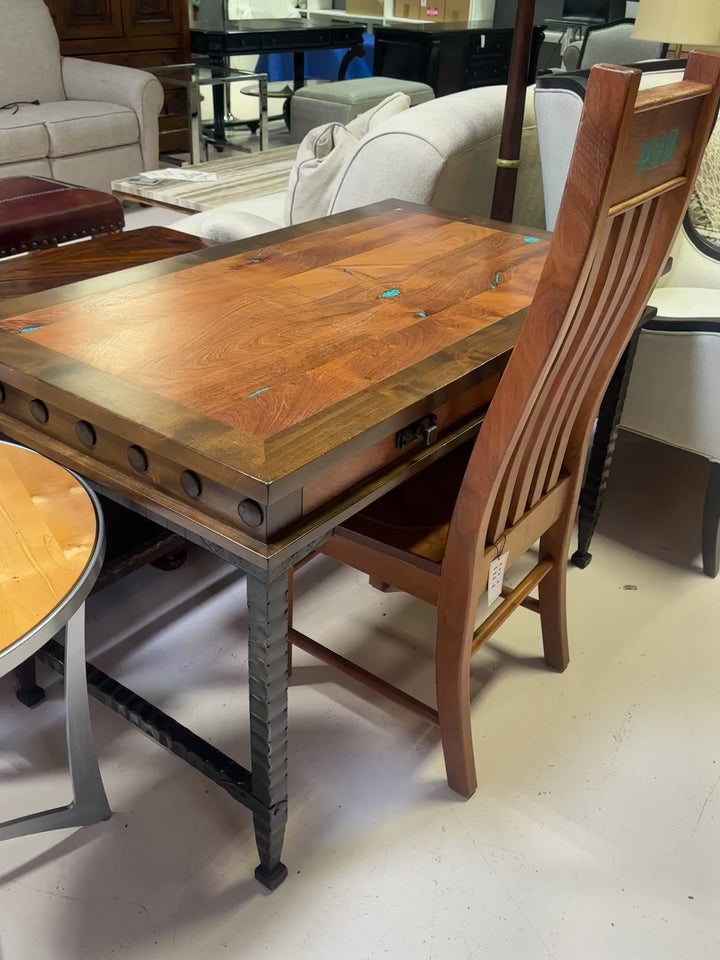 Mesquite wrought iron desk w/ turquoise inlay includes matching chair